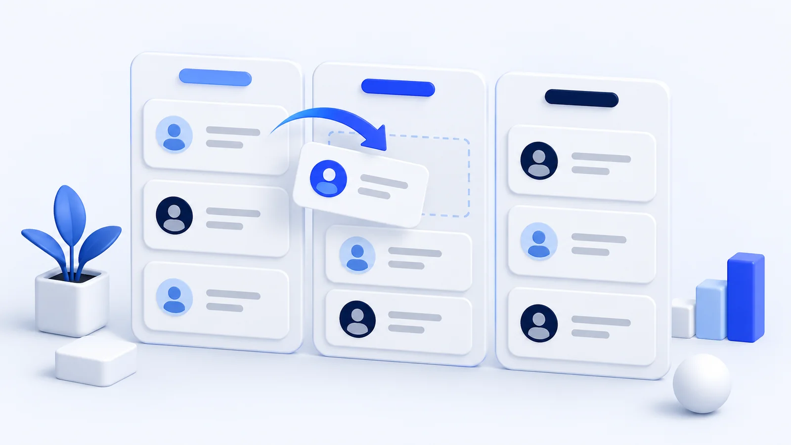 CRM-Board mit Kontaktkarten und einem Vertriebsprozess