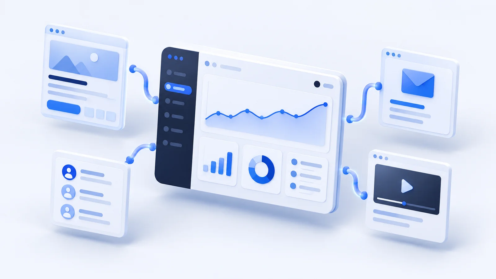 Dashboard mit verbundenen Webseiten-, Kontakt-, E-Mail- und Videomodulen