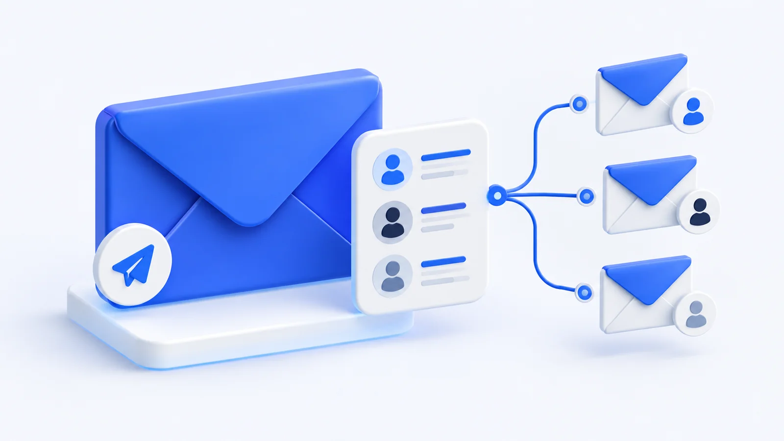 E-Mail-Umschlag mit Kontaktliste und automatisierter Nachrichtenverteilung