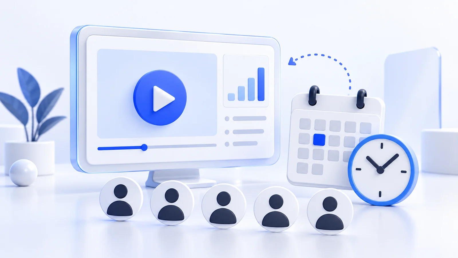 Webinar-Bildschirm mit Kalender, Uhr und Publikumssymbolen